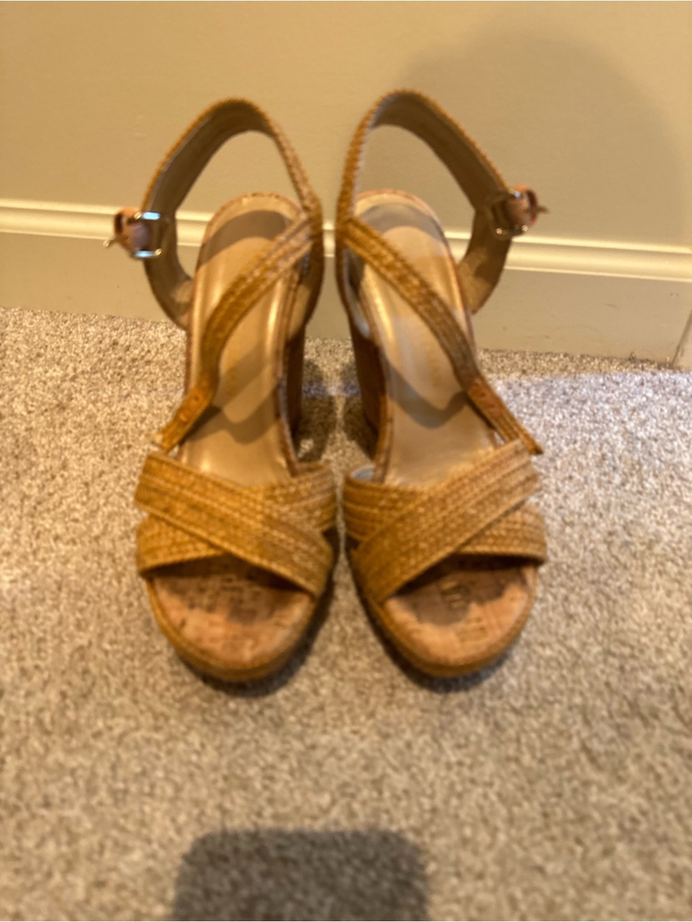 Stuart Weitzman Tan Woven Espadrille Wedge Sandals
